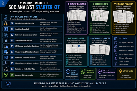 SOC Analyst Starter Kit contents with 10 hands-on labs, analyst templates, SOC checklists, solutions, portfolio builder, and cybersecurity resources